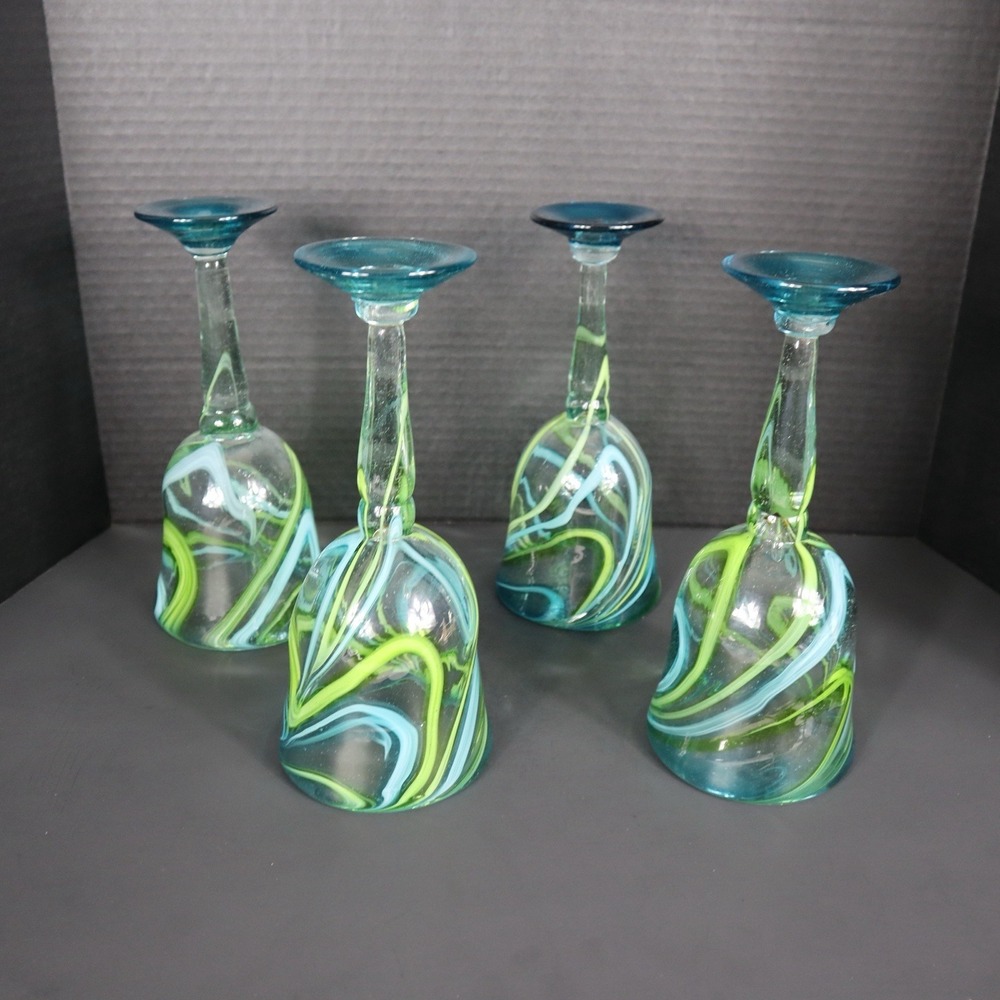 Set Of 4 Matching Hand Blown Mexican Blue/Green Swirl Margarita Glasses 9.5 in. - Picture 9 of 9